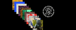 a seal with a calligraphed number 150 circled by the words Rhode Island School of Design, with overlapping multicolored square images to its left side